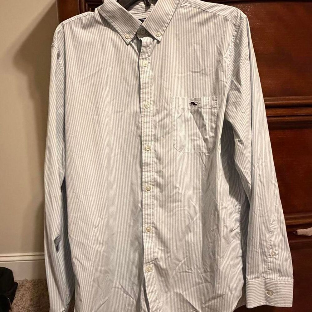 Vineyard Vines Performance Slim Fit Tucker Shirt L Light Blue White Pinstripe